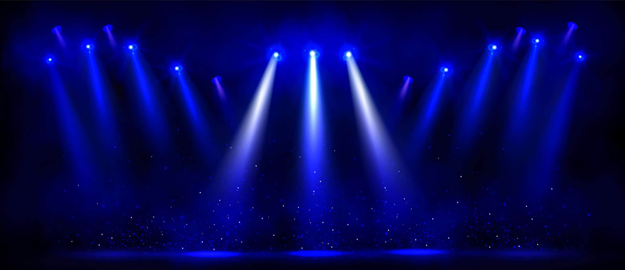 Blue spotlight illumination on stage. Vector realistic illustration of bright lamps shining, sparkling particles shimmering on floor and in air during theater performance, music concert, circus show
